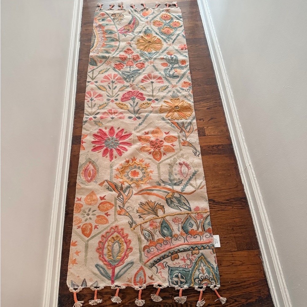 Floral Embroidered table Runner in Cream, Pink, Mustard & Teal
